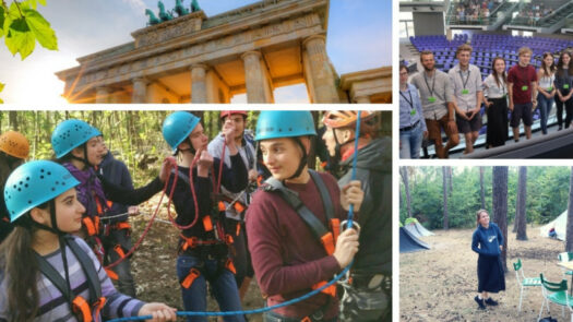 Eine Fotocollage mit Jugendlichen beim Klettern, im Bundestag und beim Zelten sowie das Brandenburger Tor