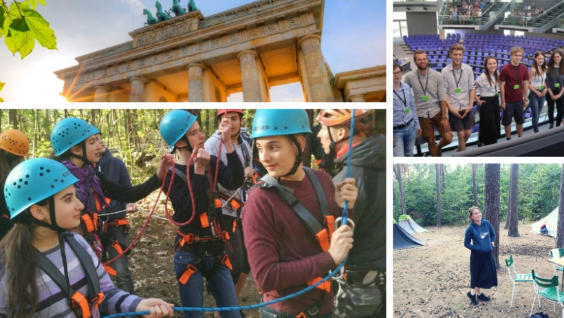 Eine Fotocollage mit Jugendlichen beim Klettern, im Bundestag und beim Zelten sowie das Brandenburger Tor
